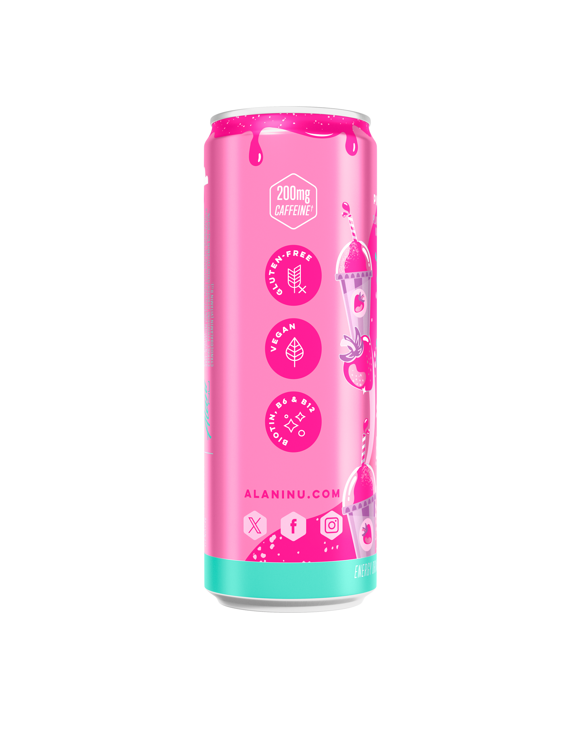 The side view of an Alani Nu Pink Slush Energy Drink can showing stacked vertical badges: 200mg caffeine, gluten-free, vegan, biotin, B6 & B12. At the bottom, AlaniNu.com sits above 3 social media icons.