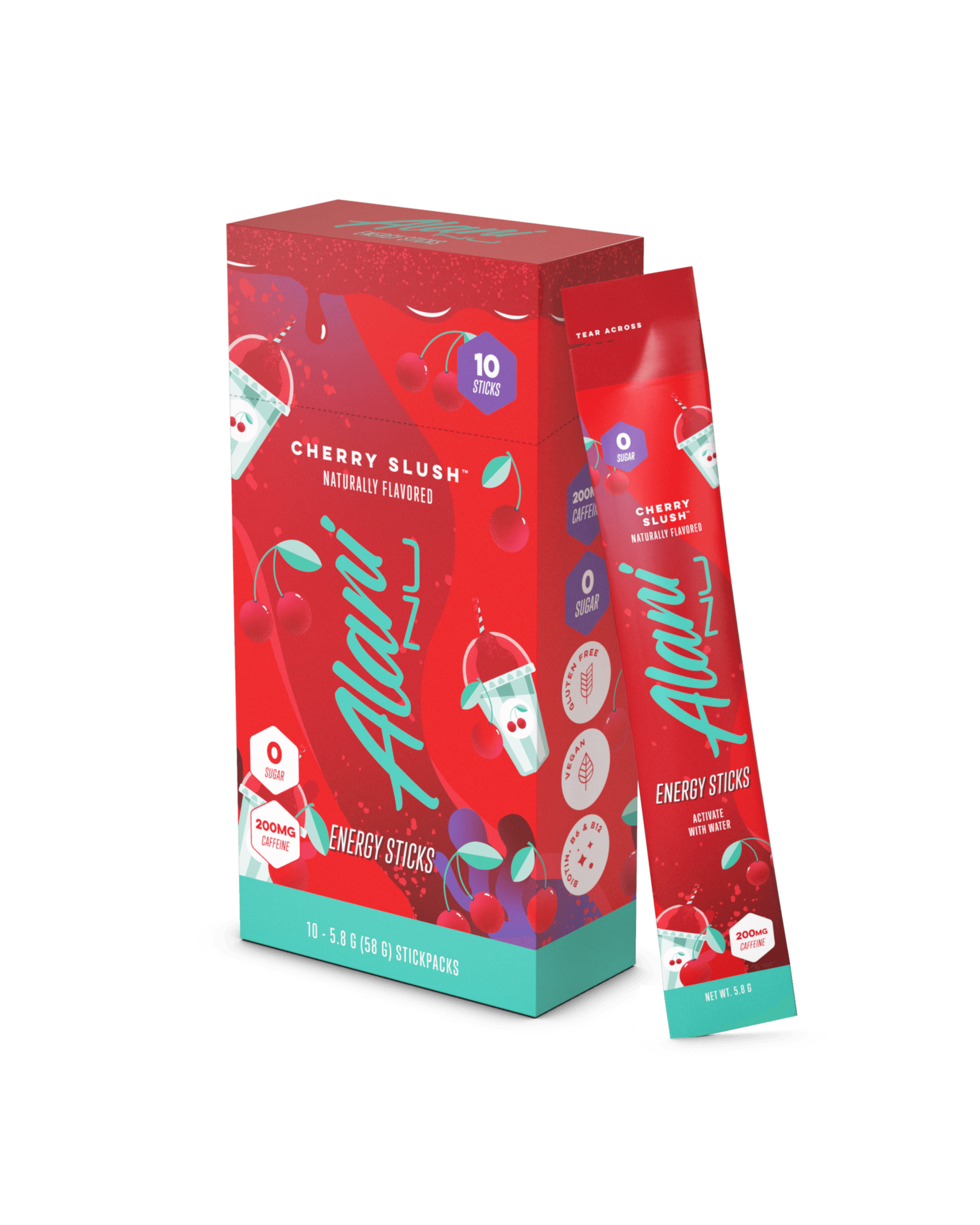 A 10pk of Energy Sticks in Cherry Slush next to a stick of Cherry Slush flavor.