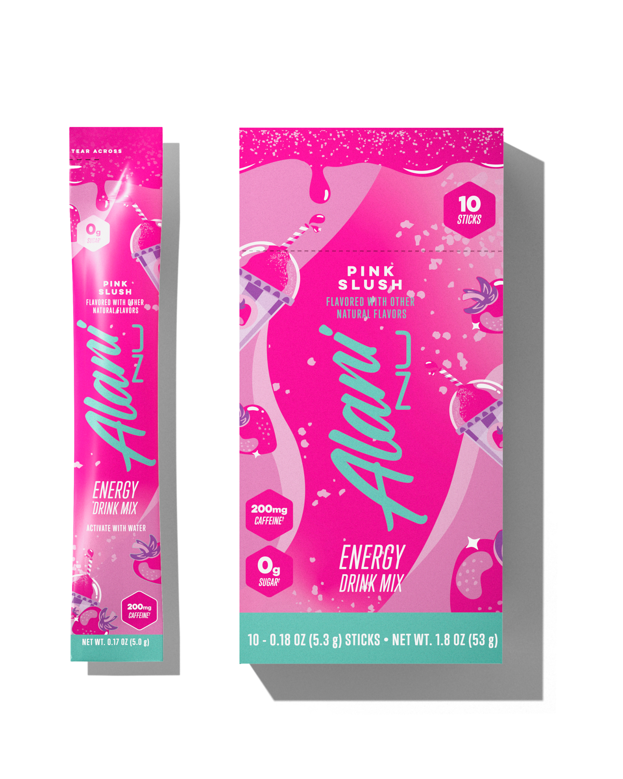 The front views of a 0.29oz stick and a 10-pack of Alani’s sugar-free Pink Slush Energy Drink Mix, flavored with other natural flavors and made with 200mg of caffeine.