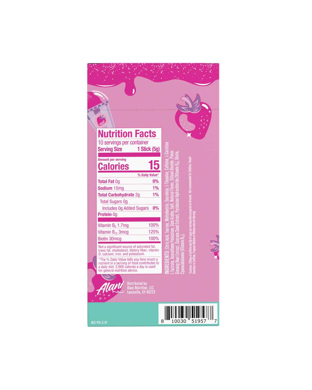 The back view of a 15-calorie Pink Slush Energy Stick 10-Pack, highlighting nutritional facts and ingredients.