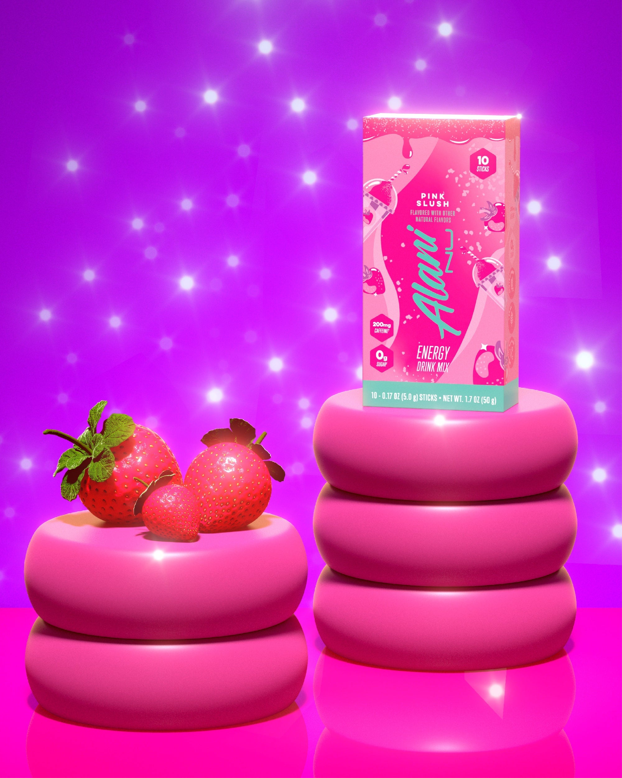 Three pink strawberries on a pedestal next to a Pink Slush Energy Stick 10-Pack on its own pink pedestal.