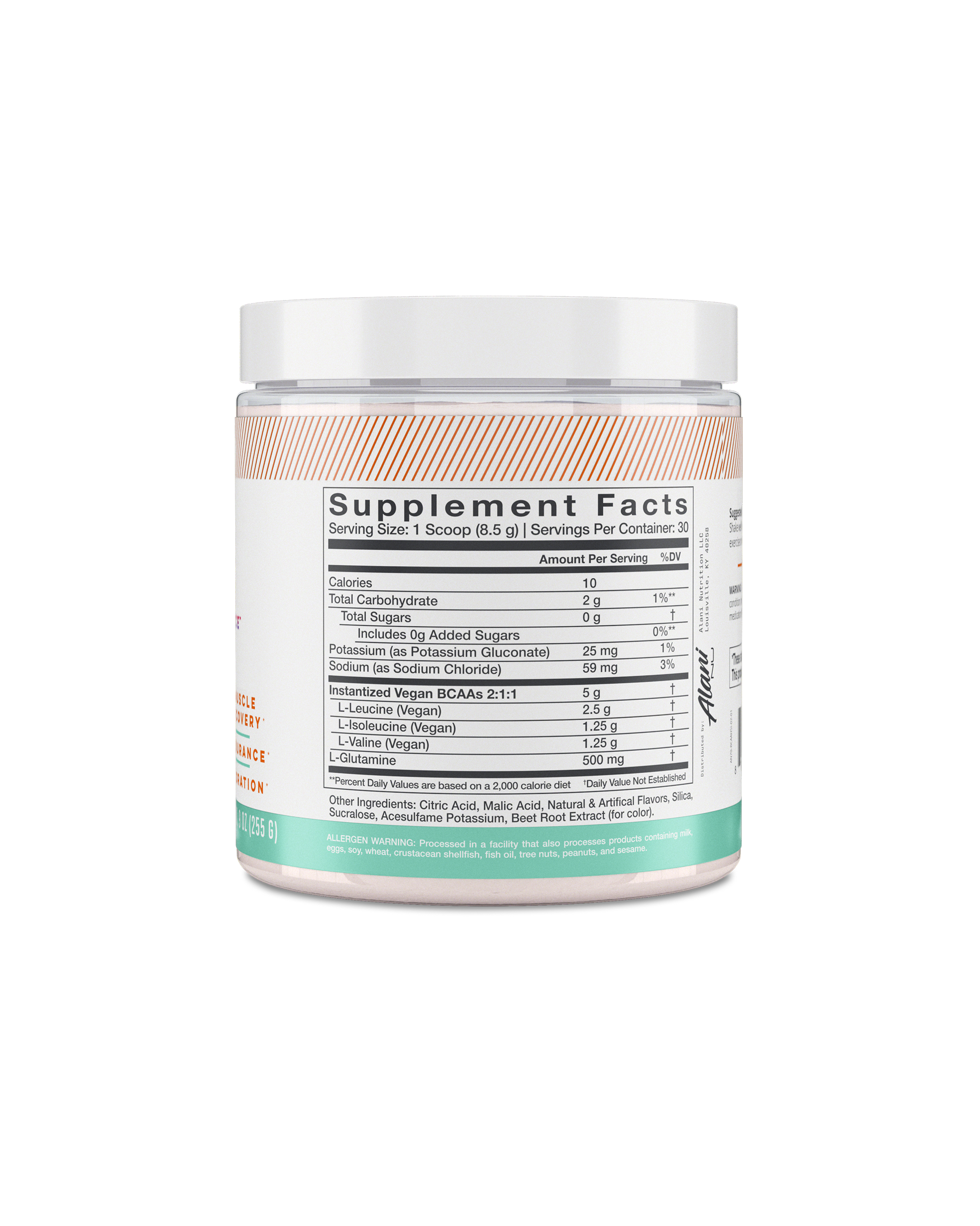 A back view of BCAA in Hawaiian Shaved Ice flavor highlighting supplement facts.
