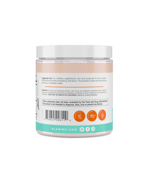 A side view of BCAA in Sour Peach Rings flavor showcasing suggest use of product.