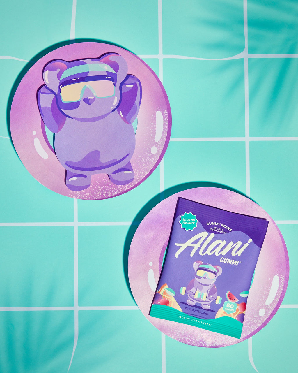 A bag of Gummy Bears flavor that is positioned on a blue table.