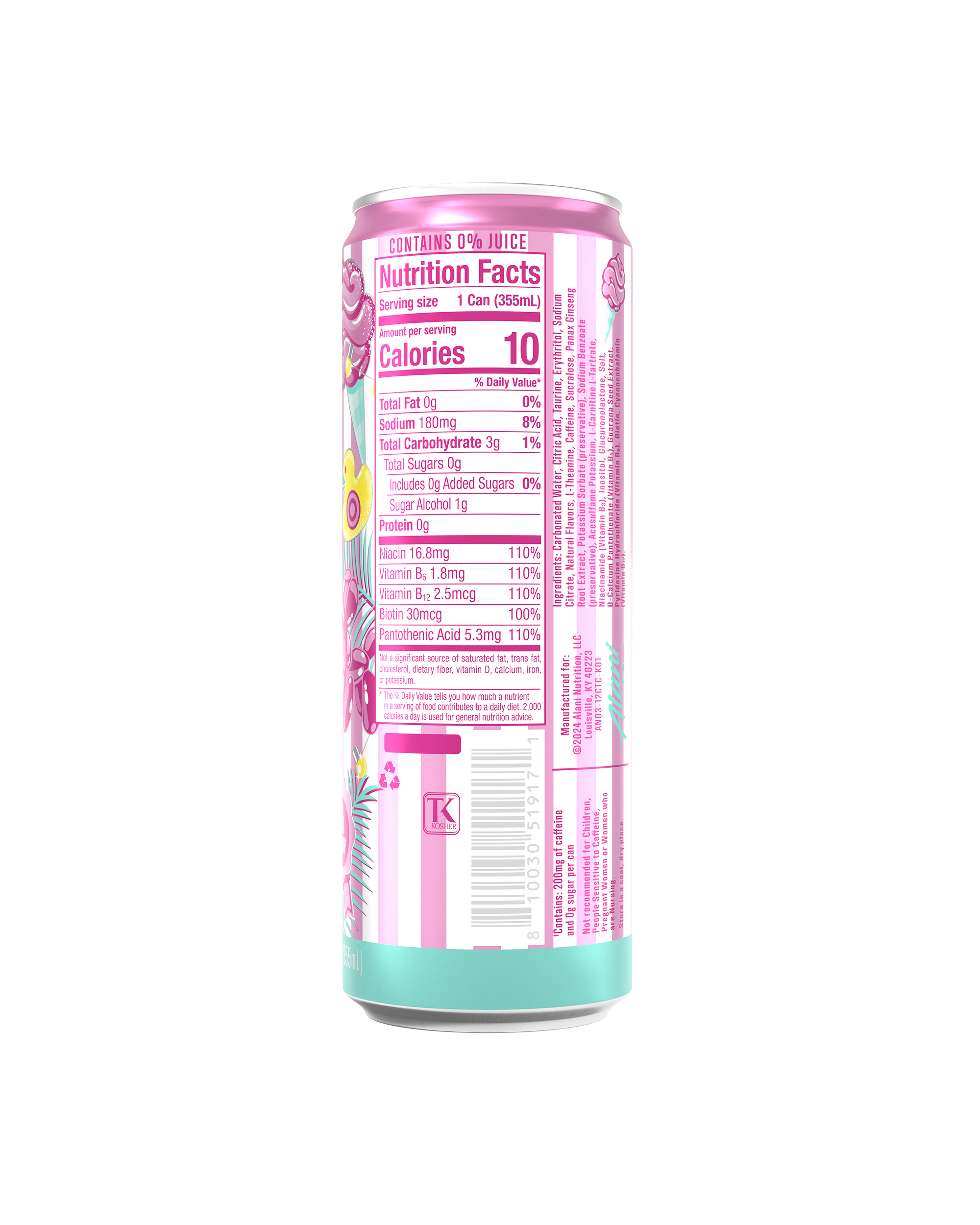 The back view of a 10-calorie Cotton Candy Energy Drink, highlighting nutrition facts and ingredients.