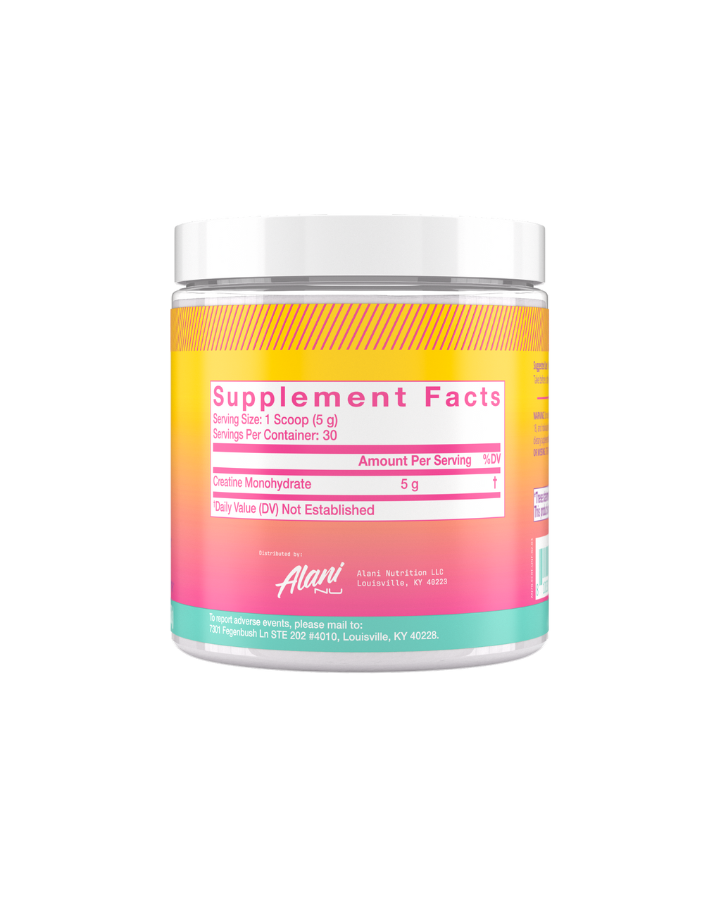 A back view of Creatine in unflavored showcasing supplement facts.