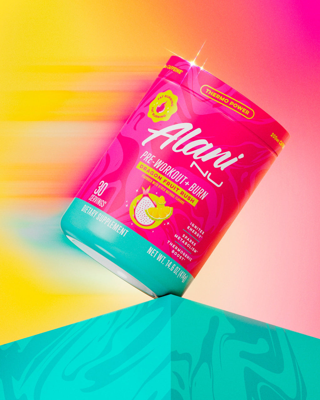 Alani Nu's thermo-powered Dragon Fruit Rush Pre-Workout+ Burn supplement on a seafoam shelf in front of a vivid background.