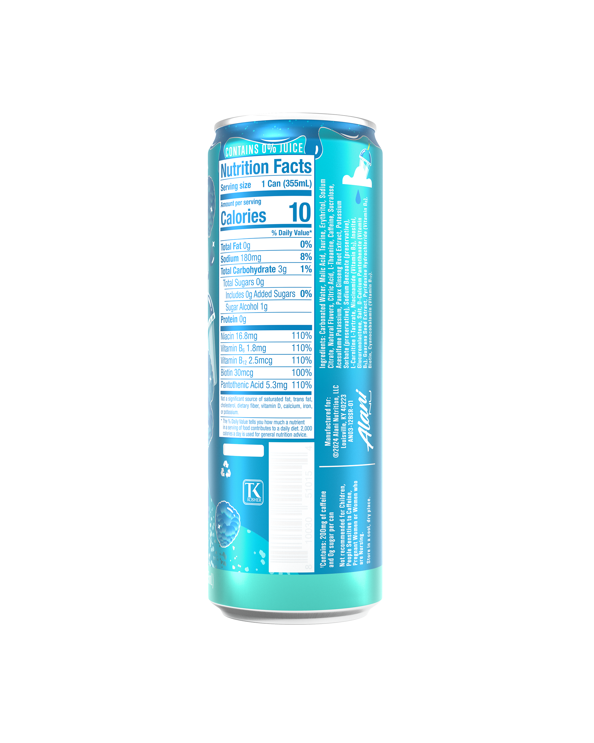 The back view of a 10-calorie Blue Slush Energy Drink, highlighting nutrition facts and ingredients.