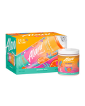 The front view of an Alani Nu Orange Kiss Energy Drink can and Pre-Workout tub.