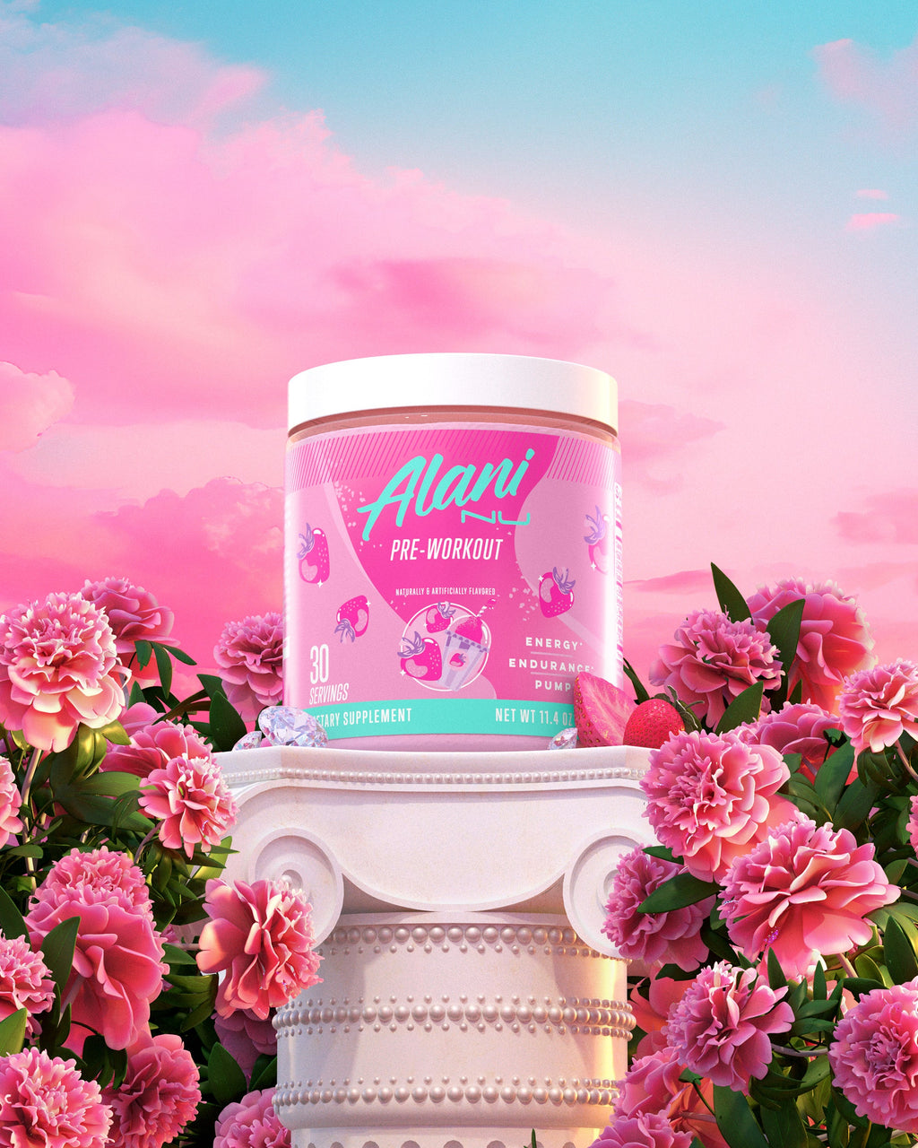 An open tub of Alani Nu Pink Slush Pre-Workout in midair as sparkling Pre-Workout, strawberries fly out of the tub.