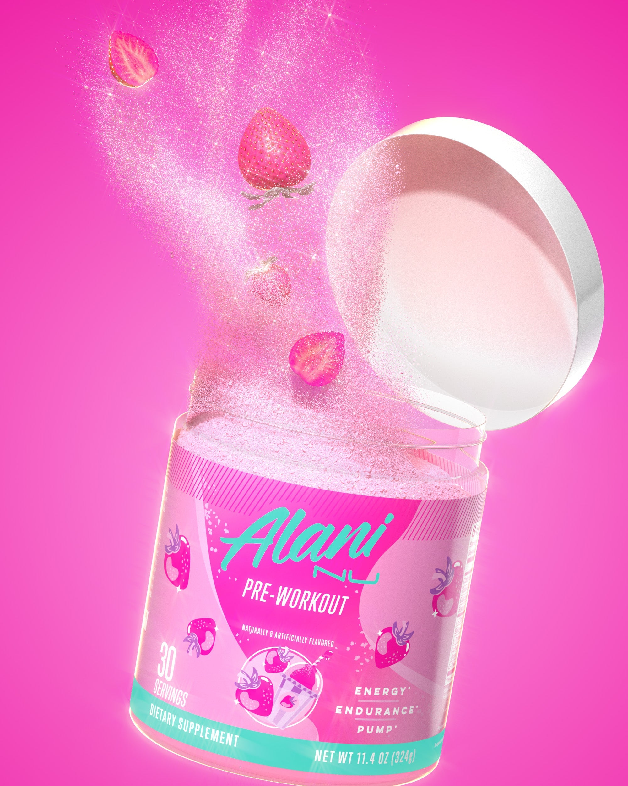 A tub of Alani Nu Pink Slush Pre-Workout atop a pearl white pedestal surrounded by pink peony blooms, strawberries, and diamonds.