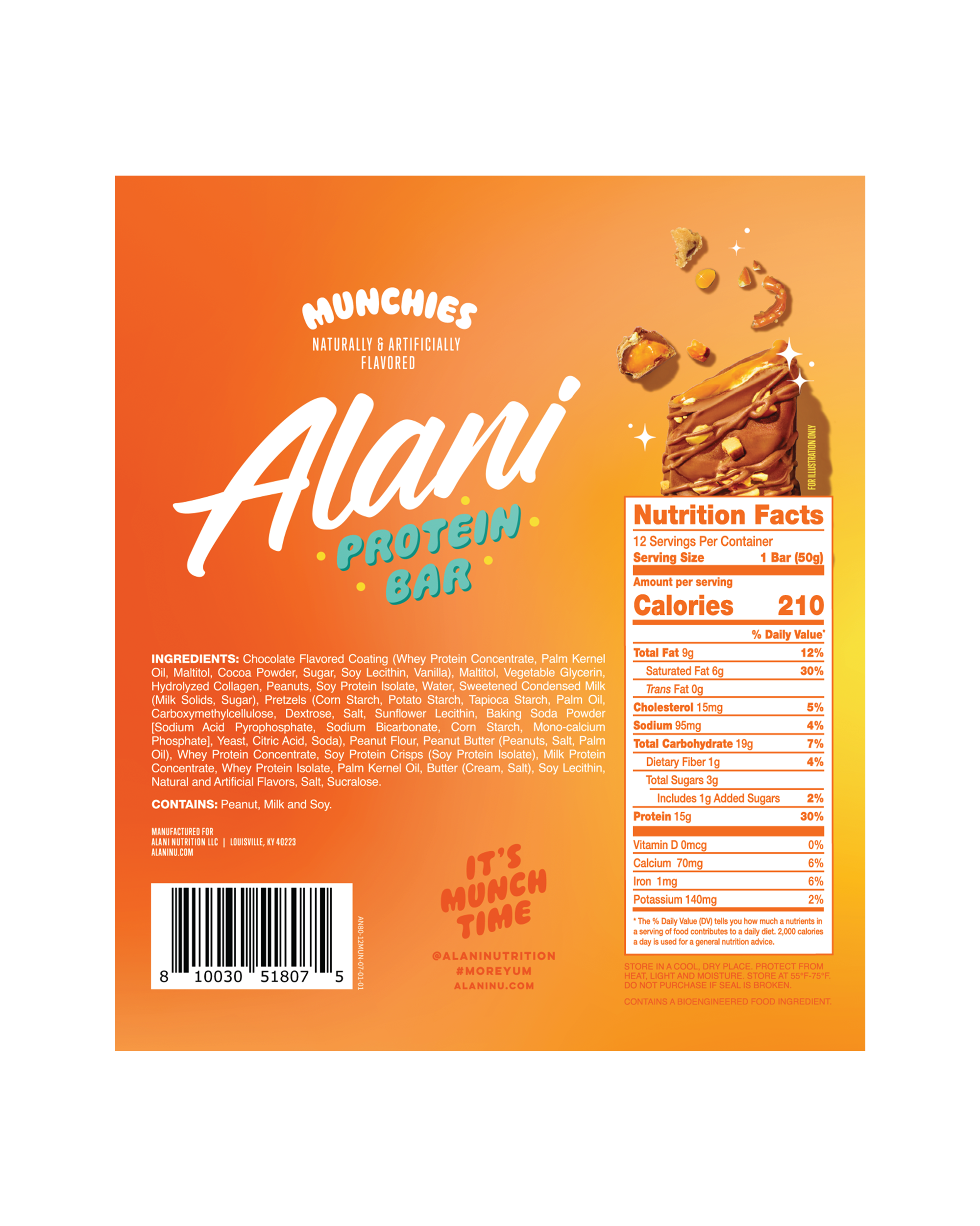 A back view of protein bar in flavor munchies displaying nutrition facts.