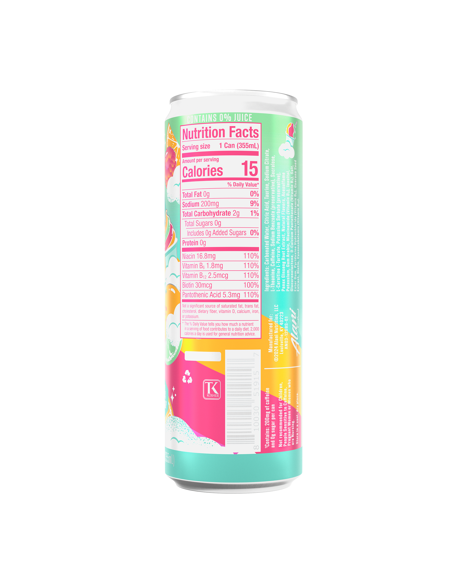 The back view of a 15-calorie Sherbet Swirl Energy Drink, highlighting nutrition facts and ingredients.