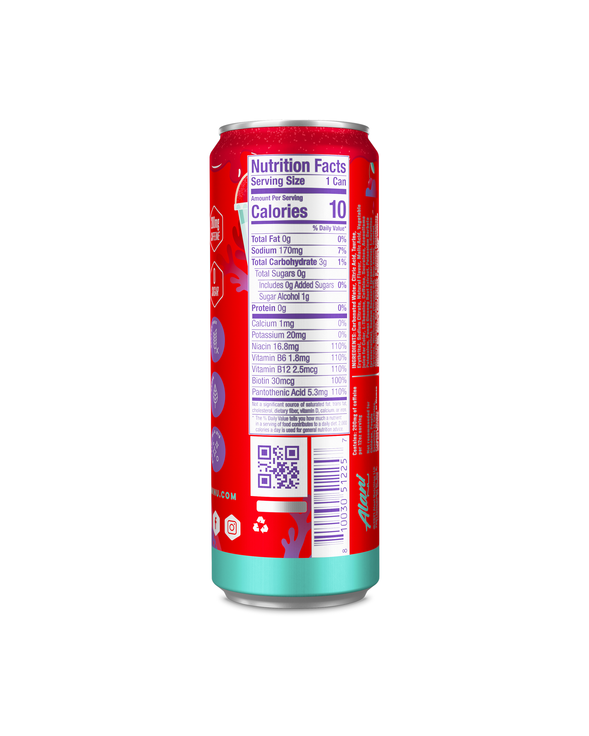A back view of Energy Drink in Cherry Slush flavor highlighting nutrition facts.