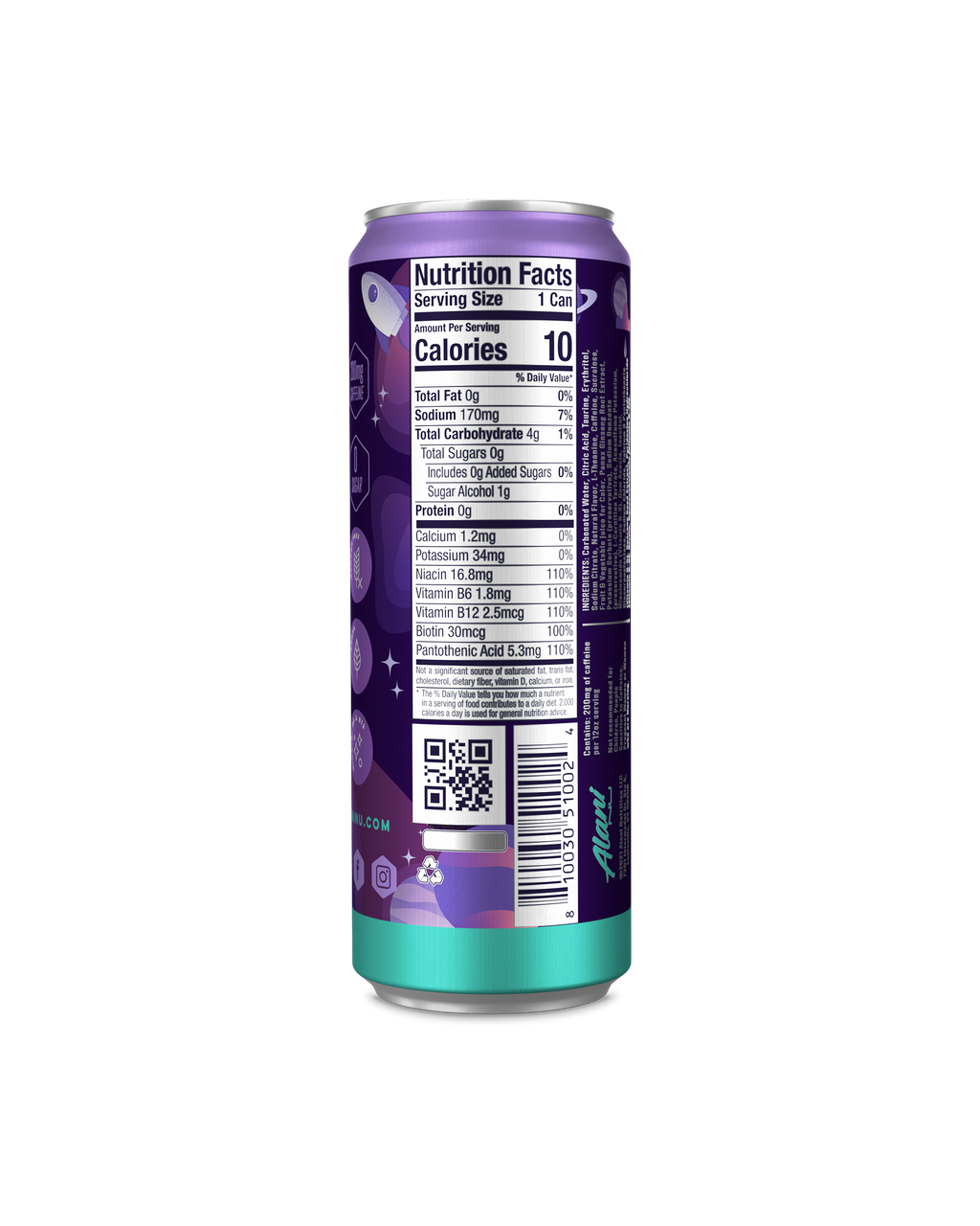 A back view of Energy Drink in Cosmic Stardust flavor highlighting nutrition facts.
