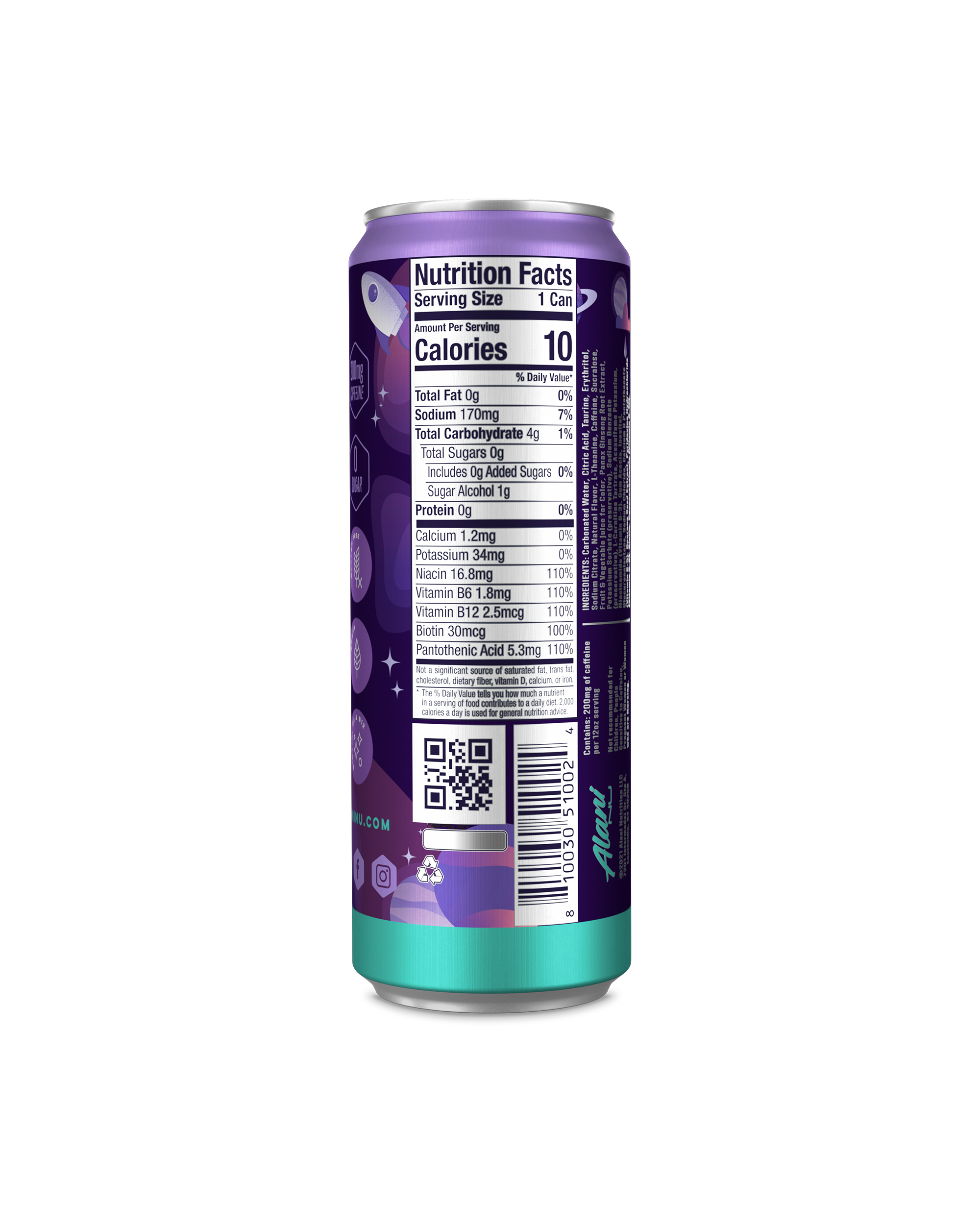 A back view of Energy Drink in Cosmic Stardust flavor highlighting nutrition facts.