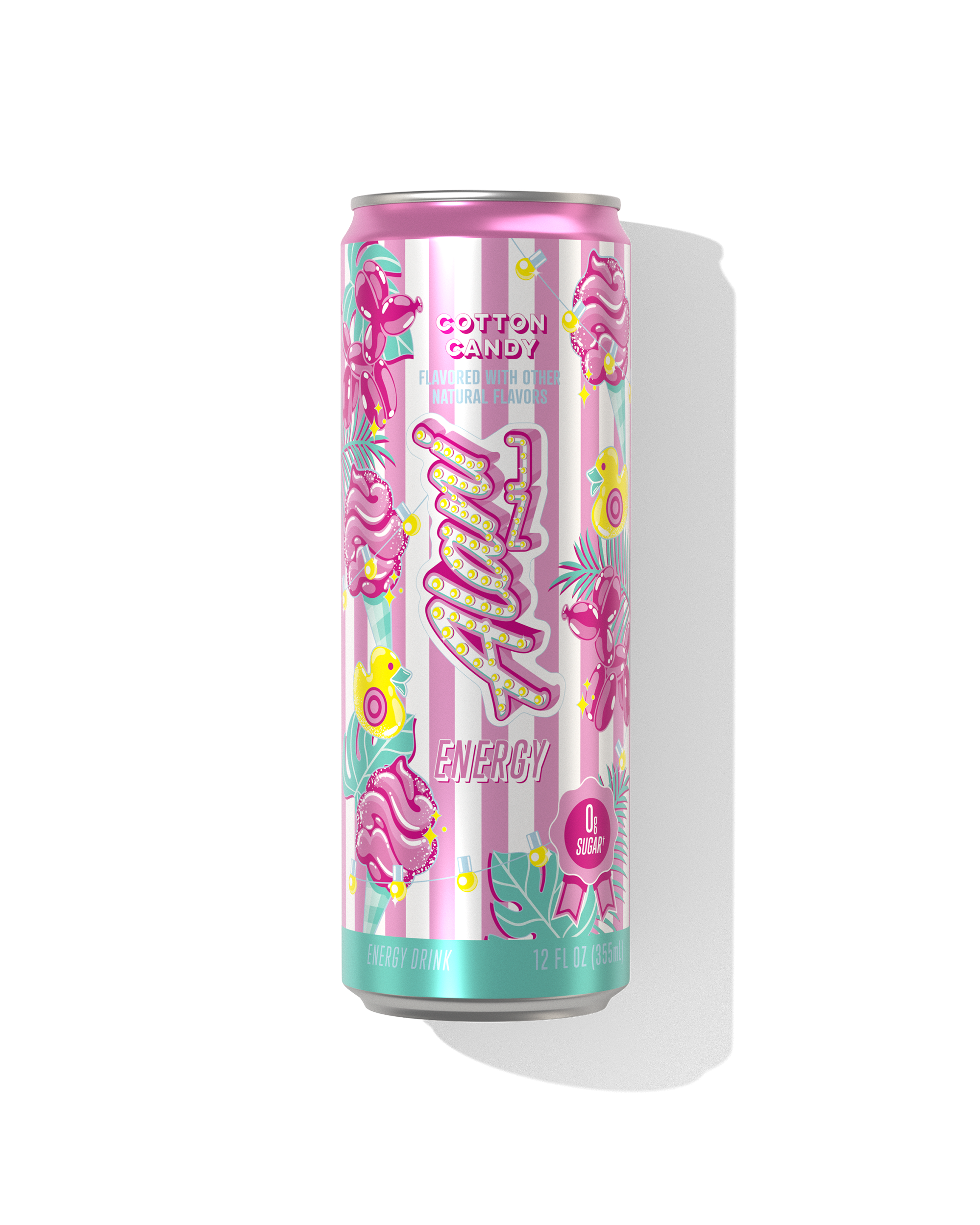 The front view of a sugar-free 12oz can of Cotton Candy Alani Nu Energy, flavored with other natural flavors.